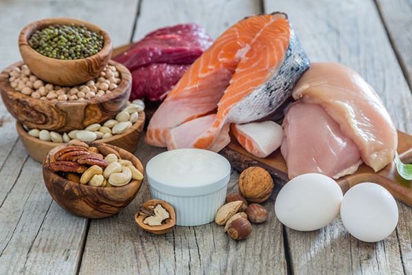 flatlay of proteinous foods for hair growth