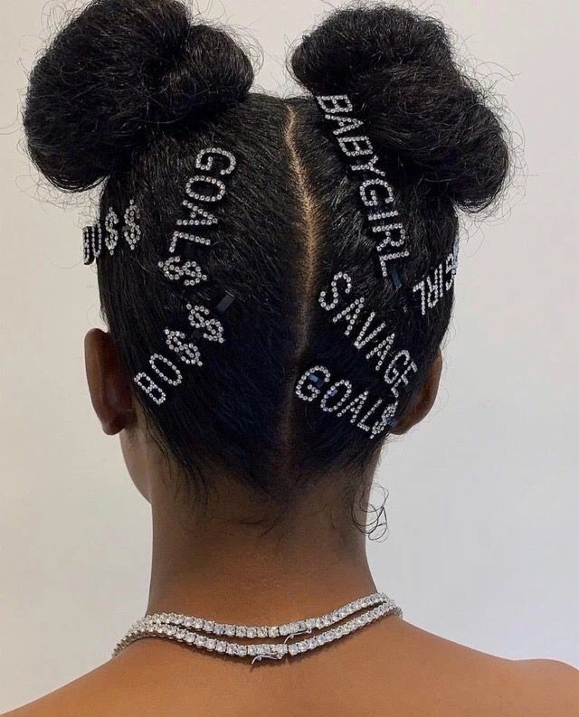 Natural hairstyle decorated with sparkling rhinestone pins