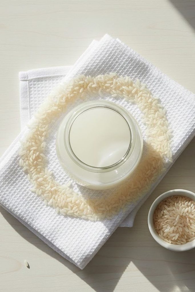 Glass bowl of cloudy homemade rice water beside uncooked white rice