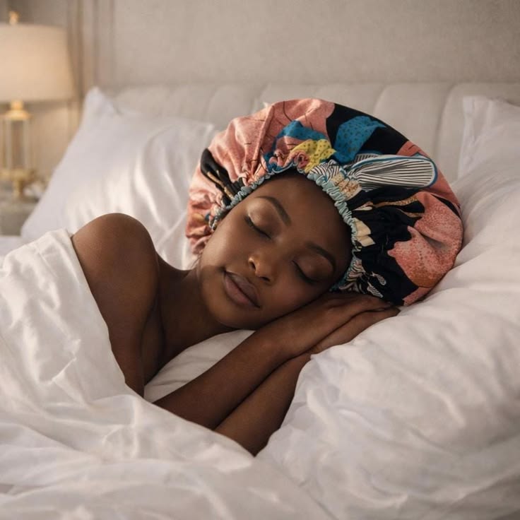 Woman wearing a satin bonnet to protect natural 4C hair at night
