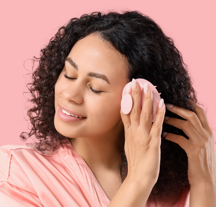 Woman gently massaging her scalp as part of a fall hair routine