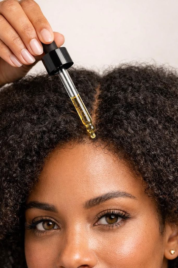 Woman applying oil after moisturizing her natural 4C hair