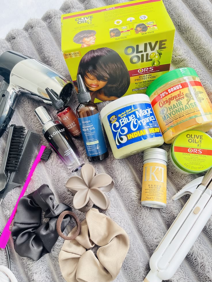 Simple natural hair care routine with essential products and tools for two hair textures