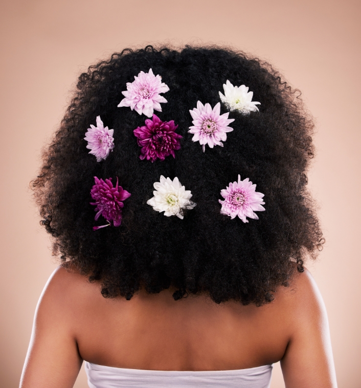 flowers on curly hair